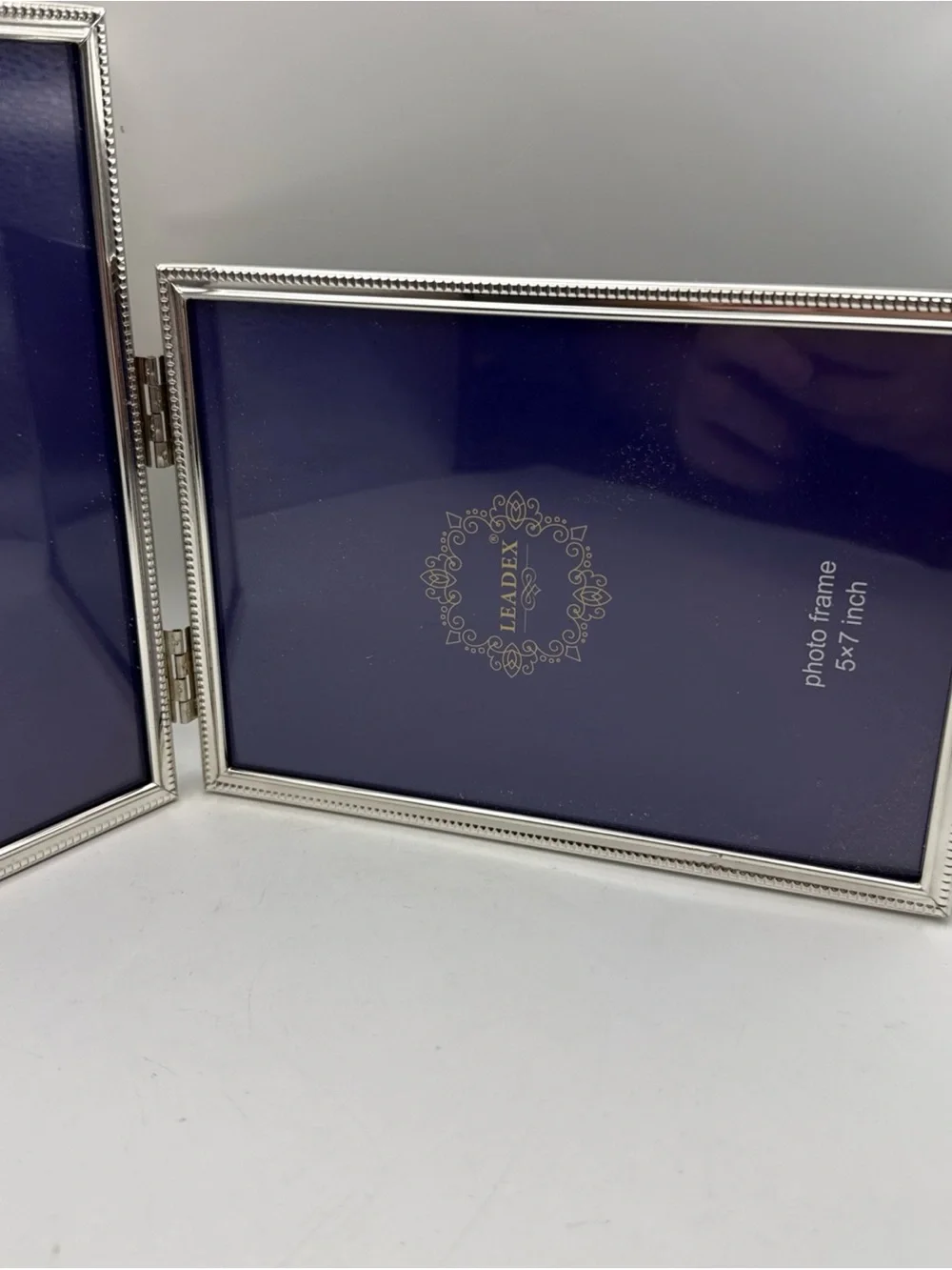 Silver-tone Metal Bi-Fold Double 5x7 Photo Frame Black Velveteen Back Asymmetric